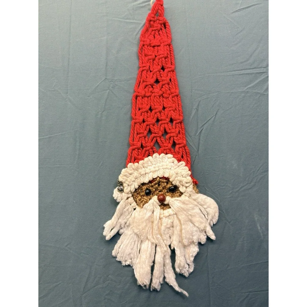 Vtg Handmade Macrame Santa Face Wall Hanging Christmas Decor 2FT Fiber Art Folk